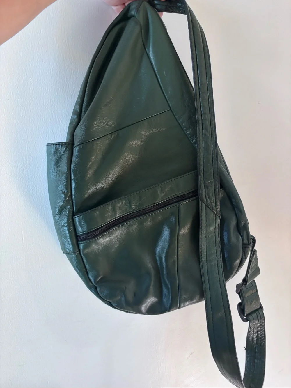 Genuine Leather Shoulder Teardrop Sling Bag in Deep Green - very unique!
